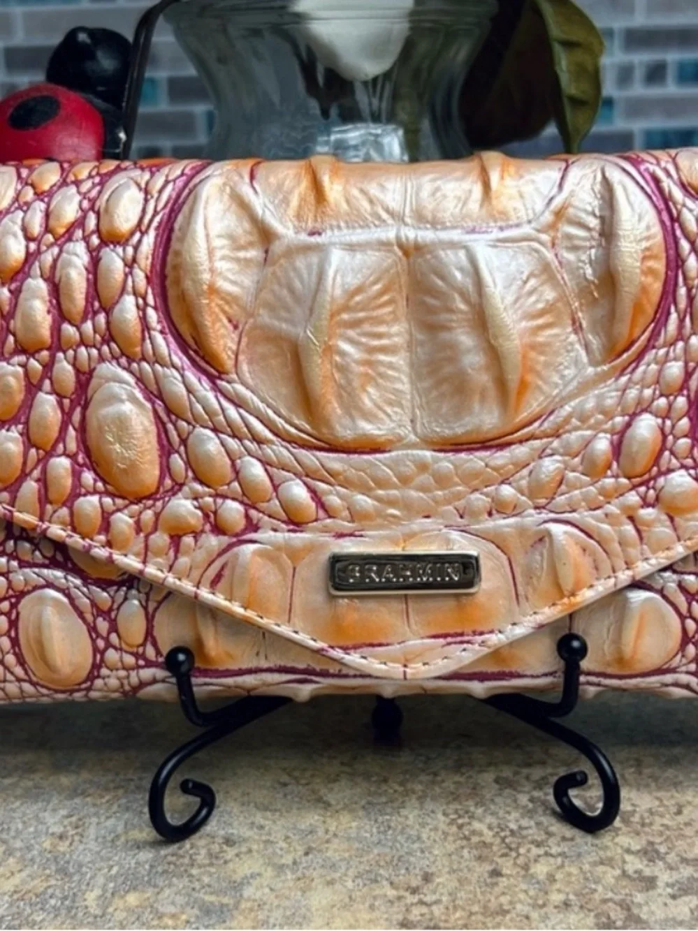 Brahmin Iridescent Peach-Pink Croc-Embossed Satchel and wallet with Gold Accent